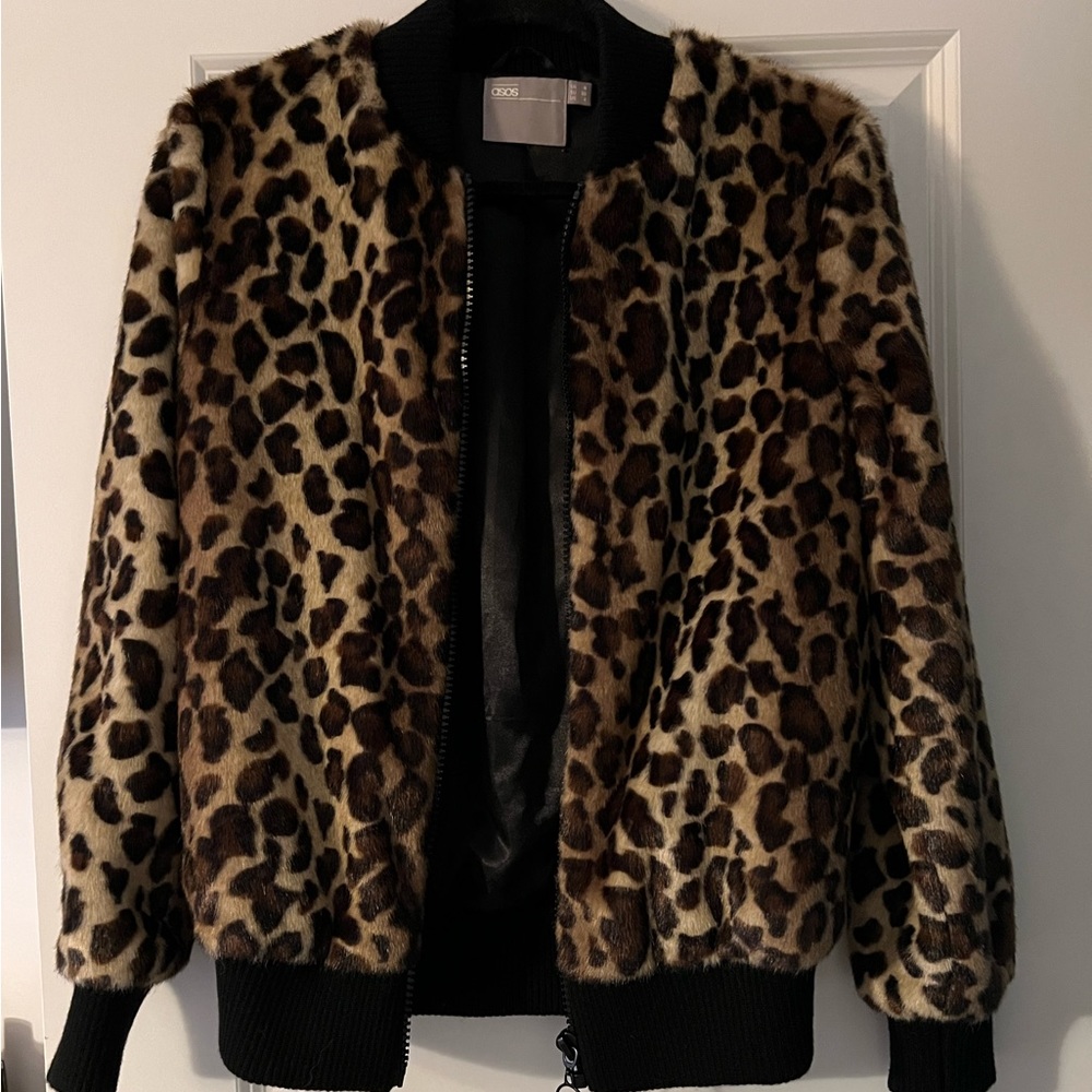 ASOS leopard faux fur bomber jacket